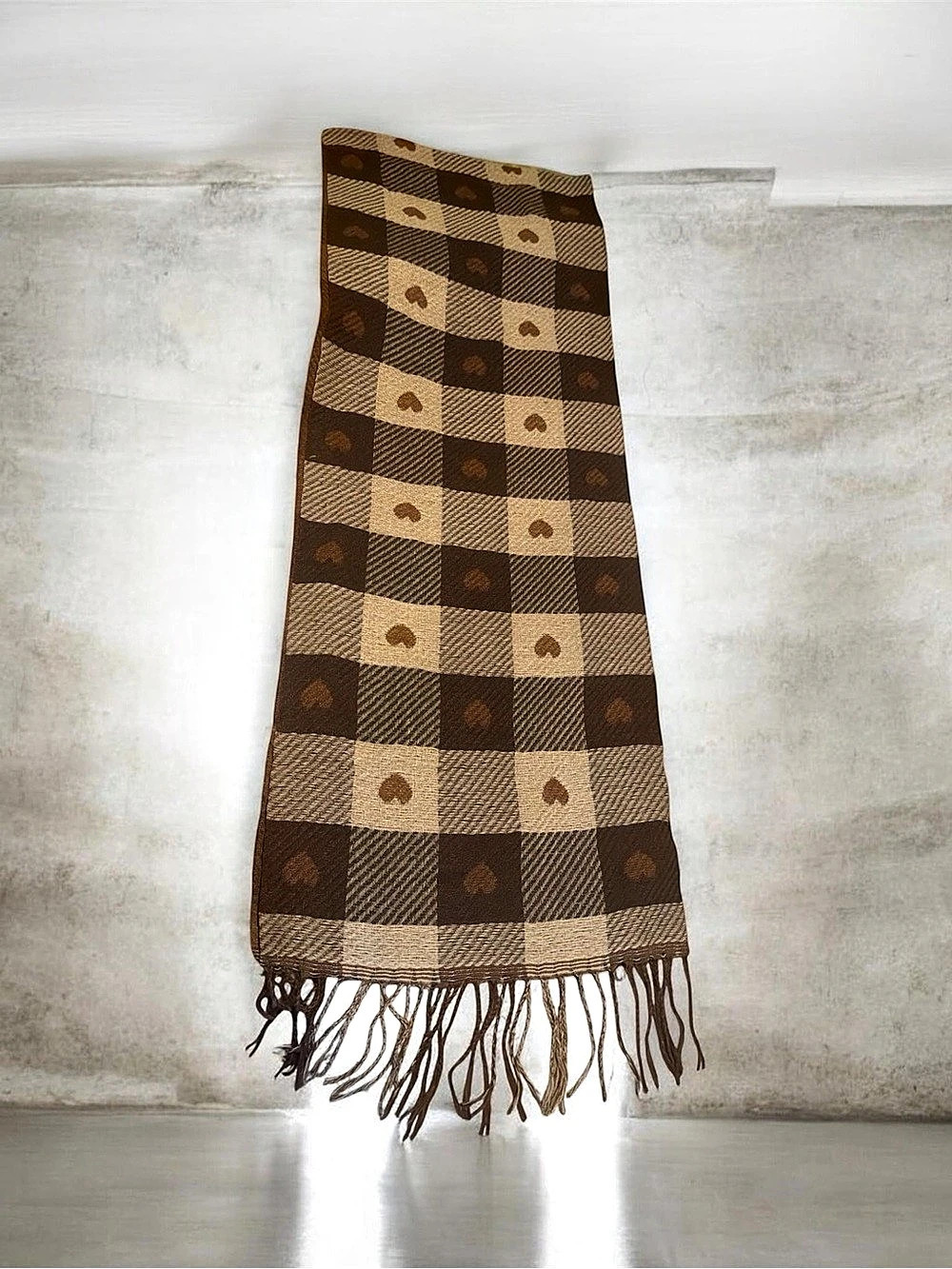 Stylish Heart Pattern Super Soft Shawl Scarf Women Winter Attire Black Tan Plaid